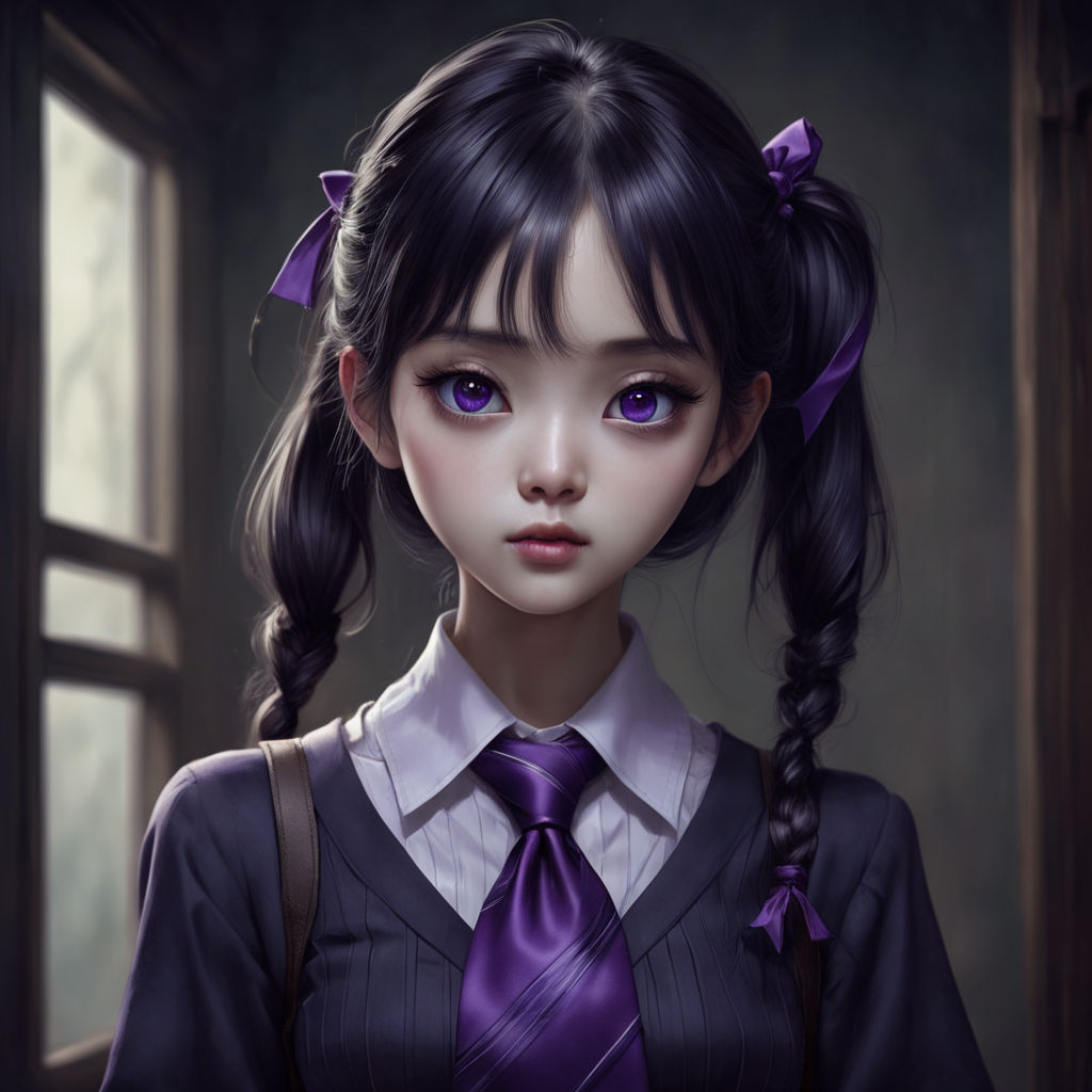 Pretty anime girl with long black hair and purple ey