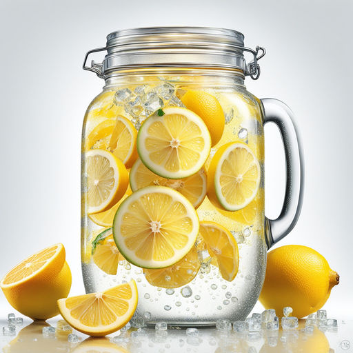 Falling down lemonade pitcher with splashes,lemon slices and ice