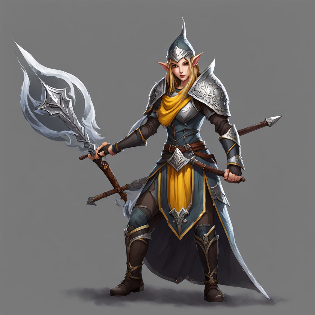 Sturdy and muscular half-elf female fighter, two tone medium length hair  tied up, wearing a combat outfit with the colors of nature and holding a  war hammer and war axe on Craiyon