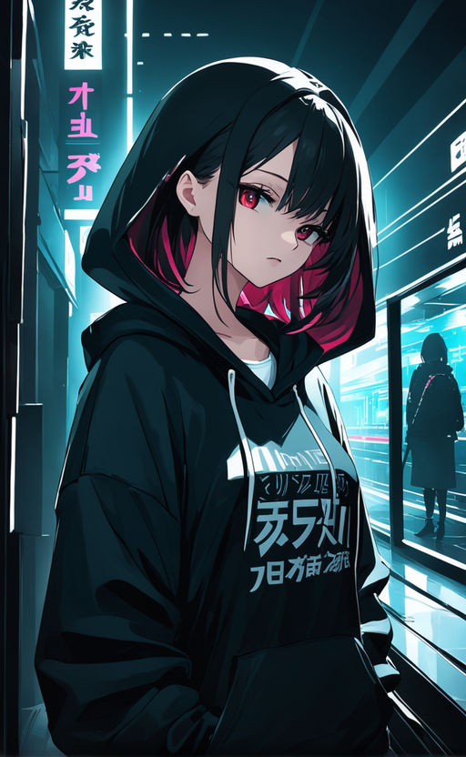 red eyes, Vhumiku, anime girls, anime, black hair, dog, cyberpunk