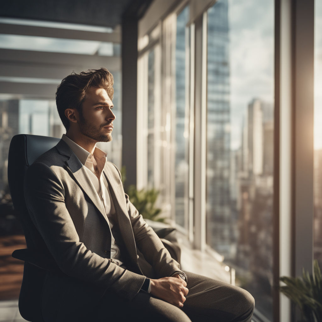 Man sitting beside glass window near high rise building photo