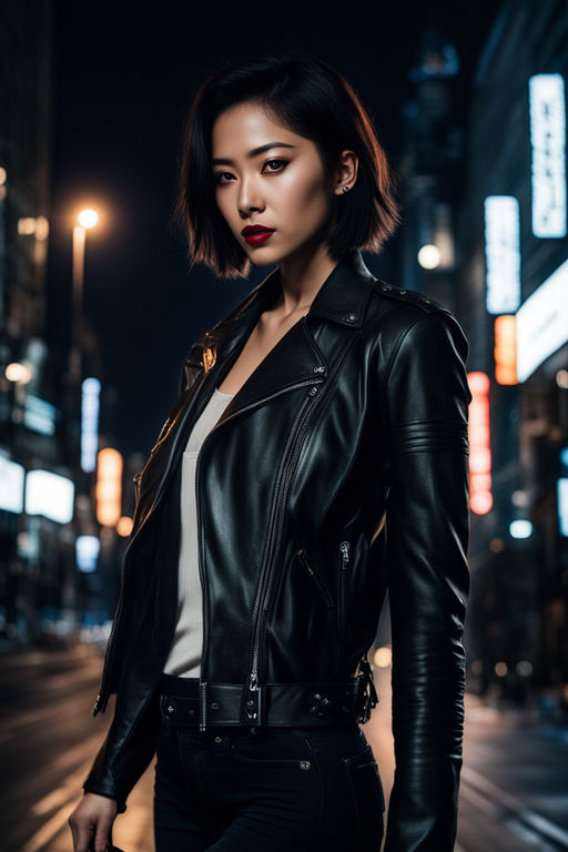 Beautiful Girl With Long Black Hair Wearing Dark Jacket, Leather