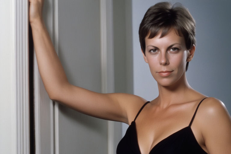 40 year old. Jamie Lee Curtis dressed in cleavage enhancing