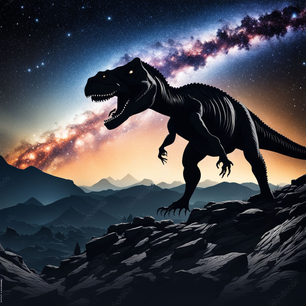 A vicious T-rex dinosaurs observing a falling asteroid. Poster