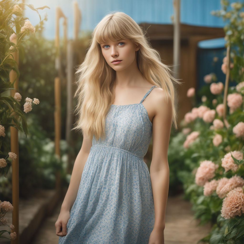 adorable blonde girl wearing a floral night dressl dress on her