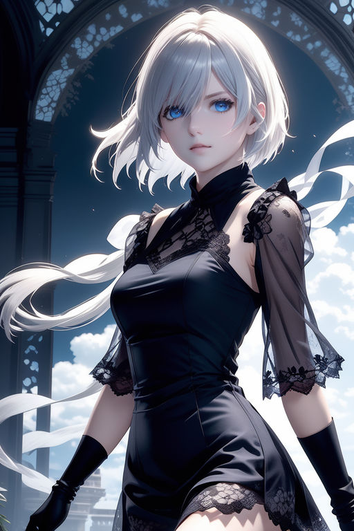 detailed anime girl with white short hair side profile with black  background - Playground