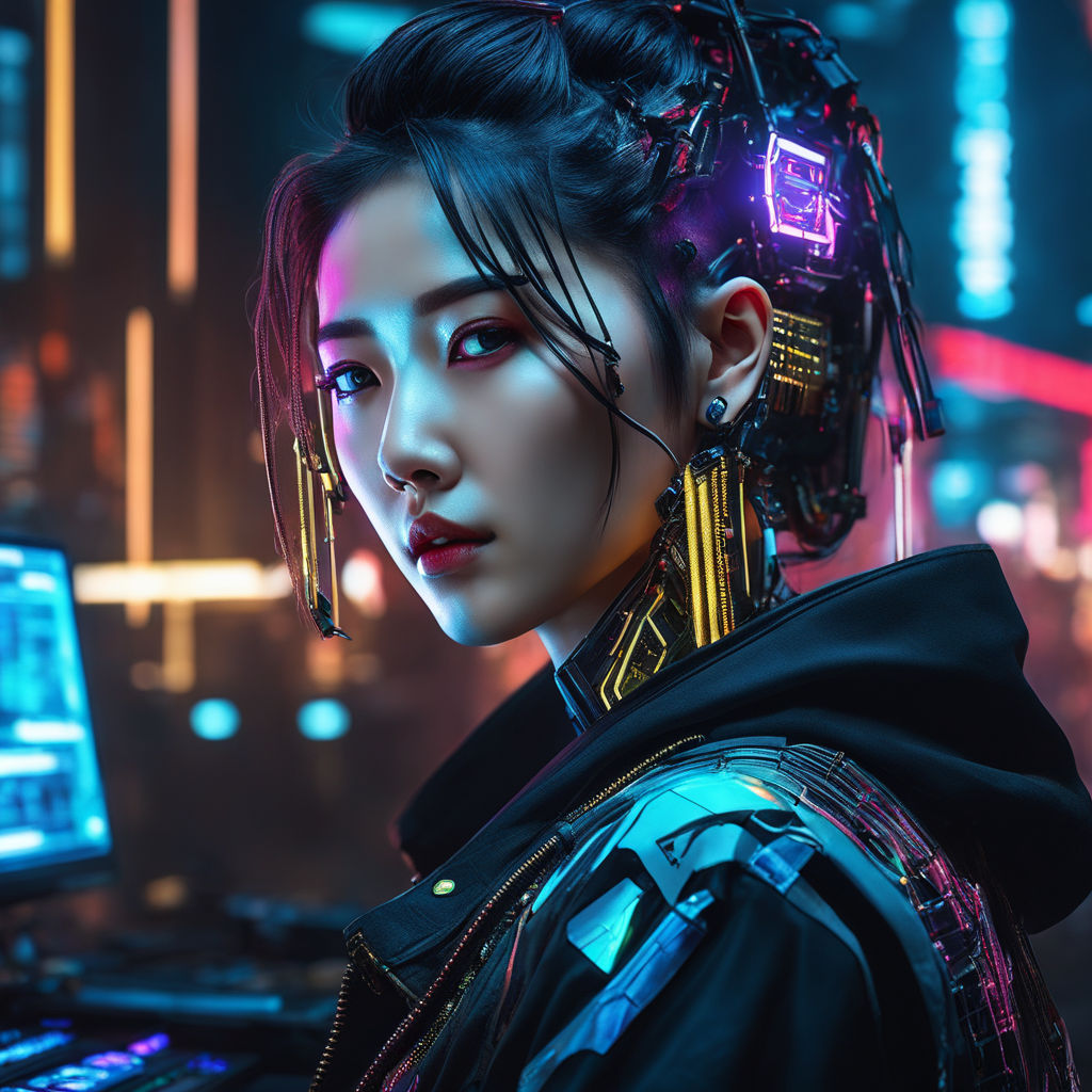 Cyberpunk, girl, workstation, neon, space, fish-eye view
