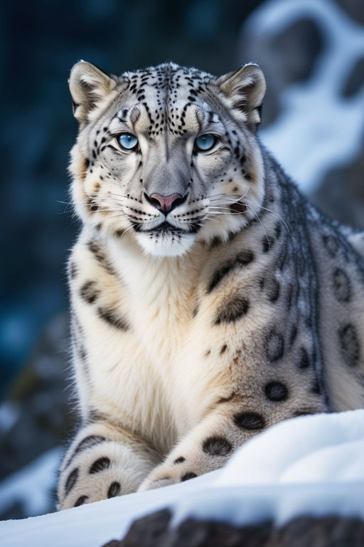 A snow leopard prowling along a craggy ridge, its grey coat blending into  the rocky terrain except for intense eyes