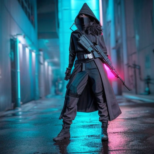 beautiful female assassin wearing cyberpunk clothing