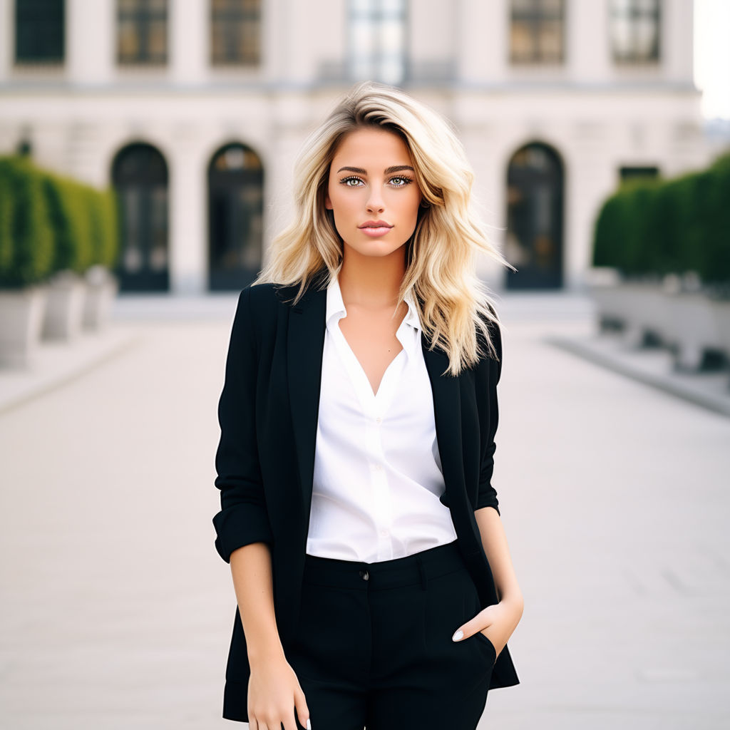 Black suit with white blouse