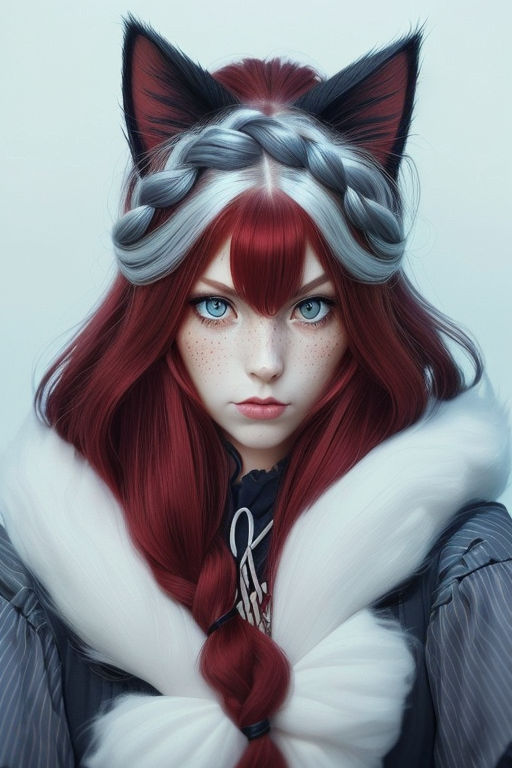 Cyberpunk anime character with red hair and cat ears