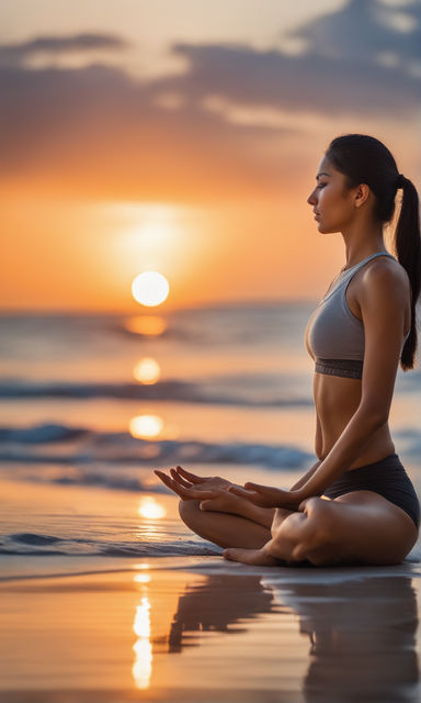 A fit young man practices yoga poses on the beach during sunset. Meditation  and concentration posture on the sea side of relaxing day at dawn  surrounding by nature. Photos