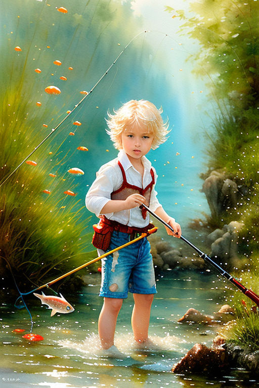 little angel holding a fishing rod in his hand - Playground