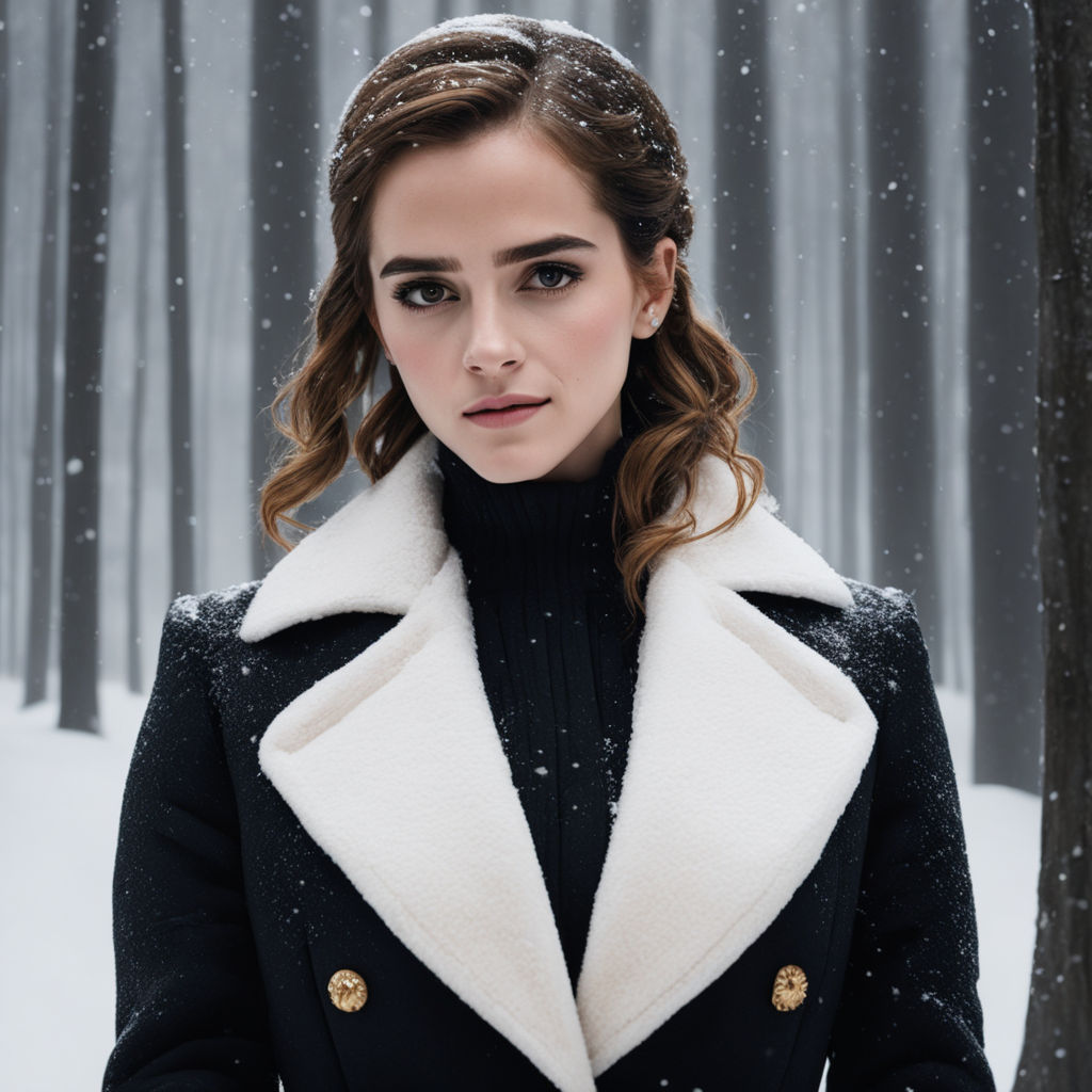 Prompt: Emma watson in a black coat, snowing, in the style of fujifilm natura 1600, soft, romantic scenes, poolcore, cabincore, 32k uhd, golden age aesthetics --ar 7:3 --style raw, Miki Asai Macro photography, close-up, hyper detailed, trending on artstation, sharp focus, studio photo, intricate details, highly detailed, by greg rutkowski