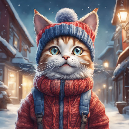 humanoid brutal cat weared in boots and blue winter hat and