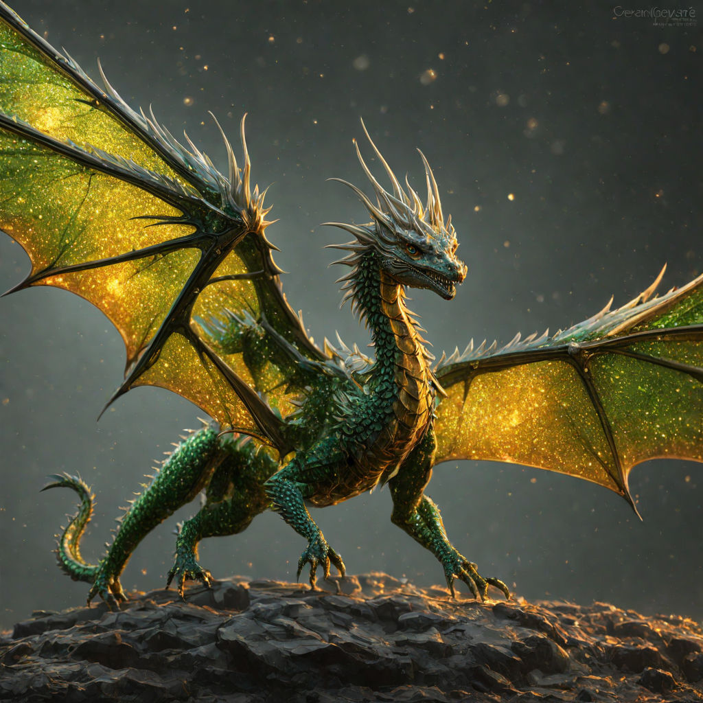 Green Dragon in the cave, the lord of dragons, has good platinum scales,  bright eyes, and is surrounded by dazzling gold and green lights.  generative ai Stock Illustration