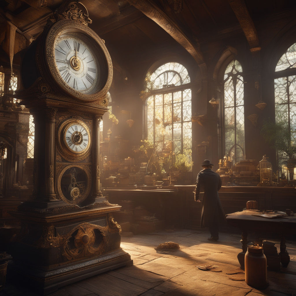 interior of a cluttered steampunk clock shop, father, Stable Diffusion