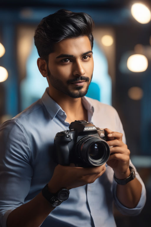 Black Photographer Guy Holding Camera Posing on Blue Background Stock Image  - Image of portrait, person: 193204965