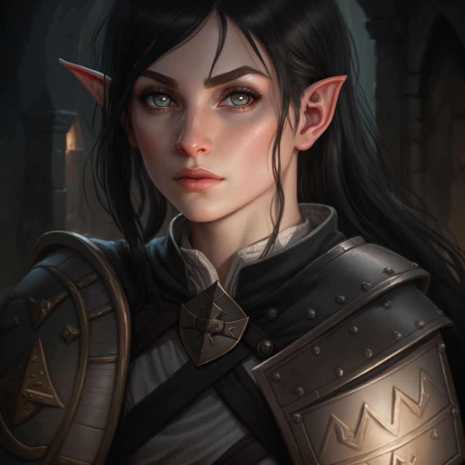 worn-walrus279: Half-elf female with long black hair liquid golden eyes  with a dark barmaid outfit