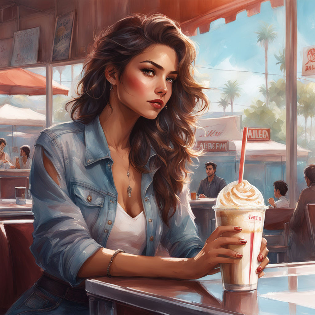 Close Up Of Rockabilly Woman Drinking Milkshake At Diner. by