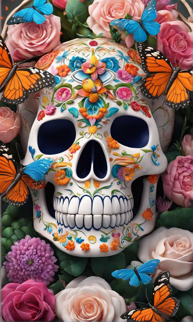 Mexican Sugar Skull Made of Flowers Butterflies Photo Photograph