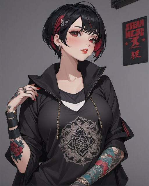 Cartoony goth girl short black hair with red eyes, tattoos