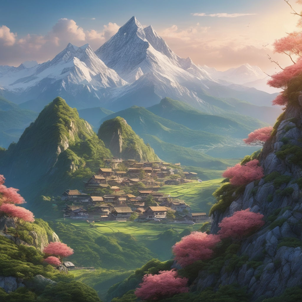 A beautiful anime style summer landscape. Green valley, river, high  mountains with snow capped peaks, blue sky with white clouds. AI generated.  Stock Illustration | Adobe Stock