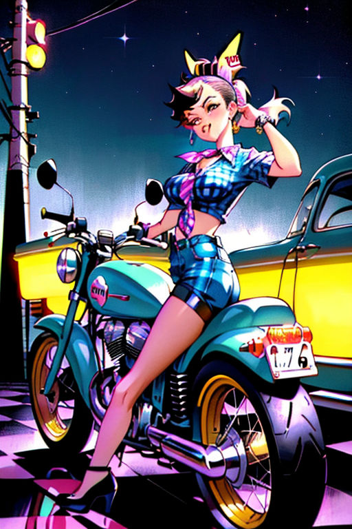 Rockabilly Greaser Girl on Motorcycle Canvas Art