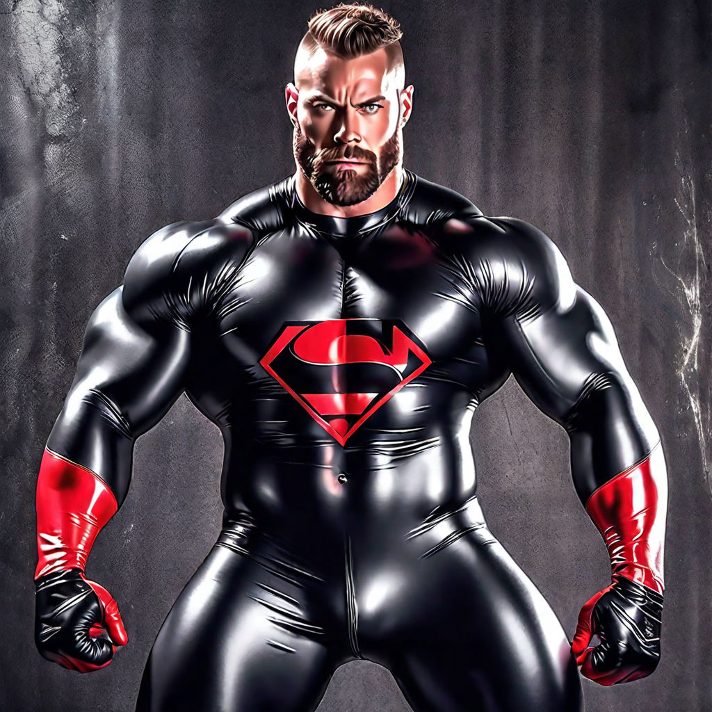 Superman dressed in jet-black spandex suit and latex cape