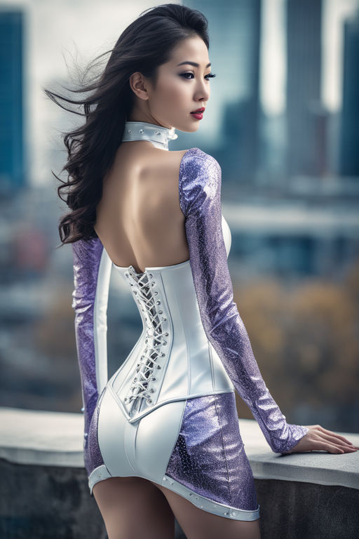 high glossy white and violett latex woman very full body corset