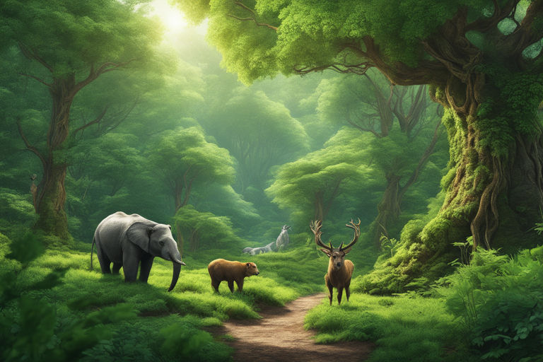 green forest with animals