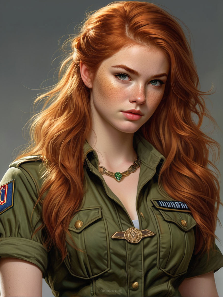 Freckled ginger woman fighter in combat outfit in a 90s movie