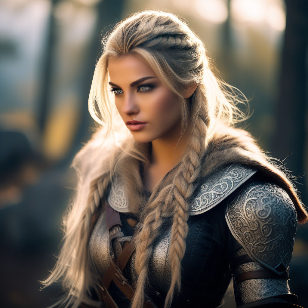 Viking princess, blonde hair, blue eyes, oval face, large breast