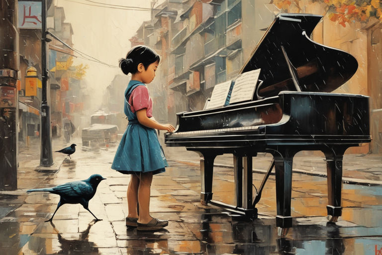 little girl playing piano painting