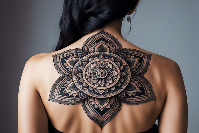 Create a symmetrical mandala tattoo design featuring a central lotus flower  surrounded by intricate patterns and details. The lotus should be the focal  point of the design