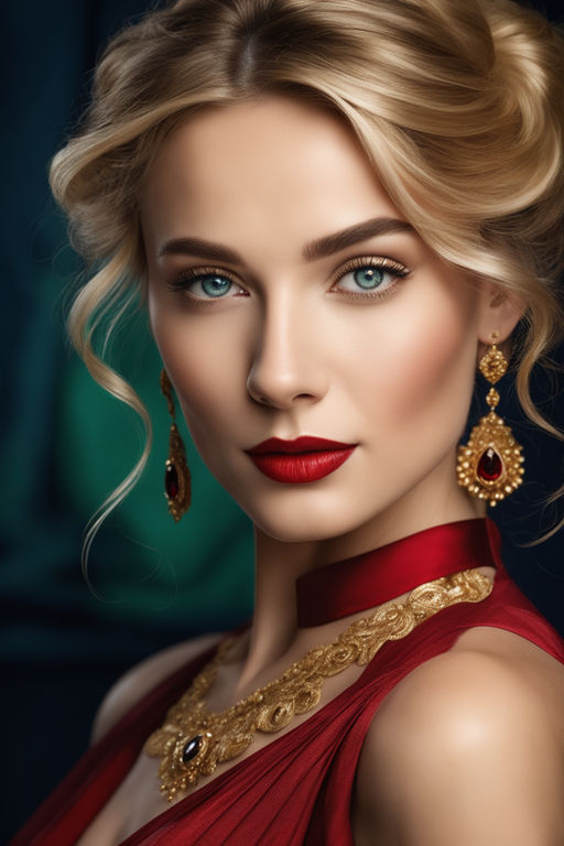 Gorgeous Turkish Empress Shakherezad Luxurious Red Flying Dress With Long  Train Sleeves Gold Walks Smoothly Between Large Columns With Crown Earrings  And Bright Scarlet Lipstick Art Sexy Photo Stock Photo - Download