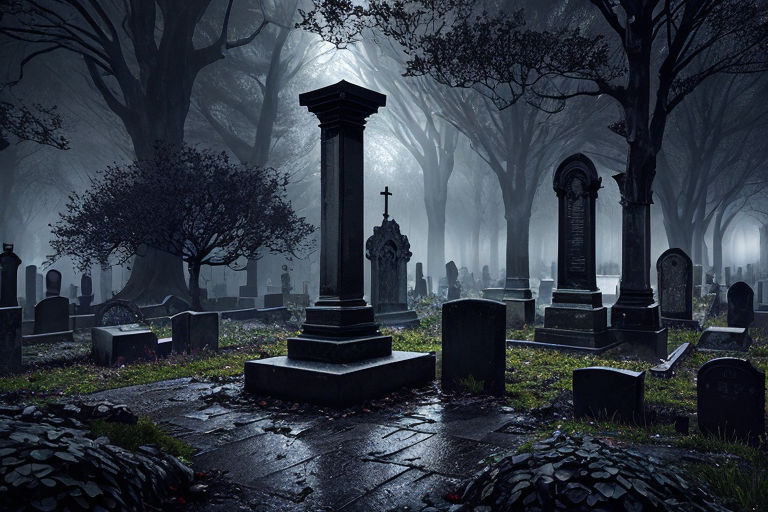 foggy cemetery at night