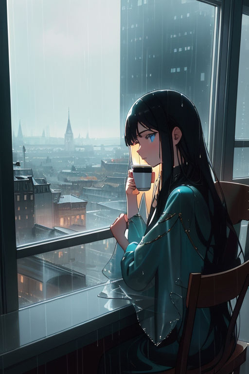 prompthunt: Anime man looking at the city from the window. Manga cartoon  drawing of character watching at the town. Lofi inspired digital artwork.  Moment of love. Small emotions. Happy male character