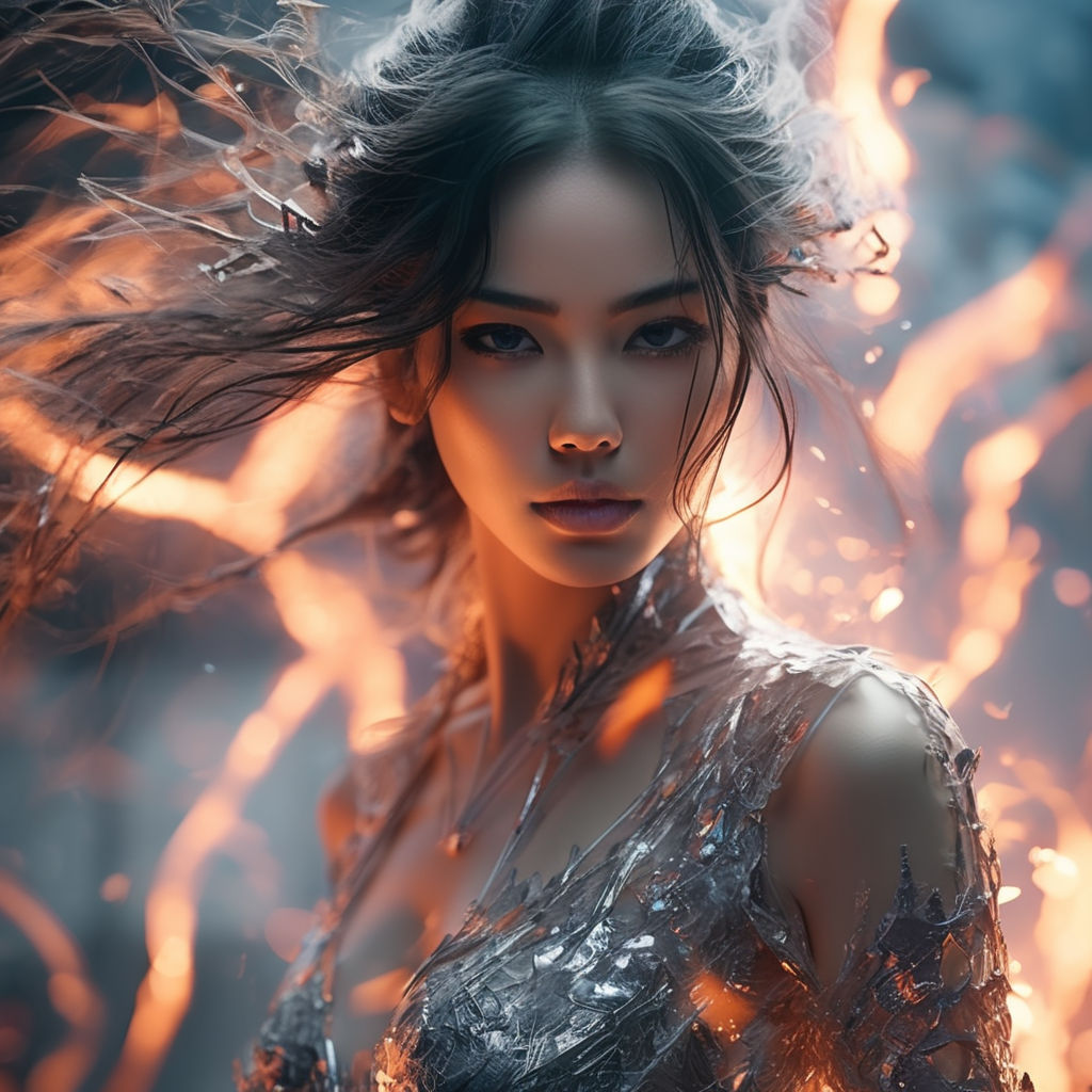 Digital art of a ghostly volcanic lava girl. Beautiful and perfect fire  eyes. Background with a lot of smoke around. High definition - Playground