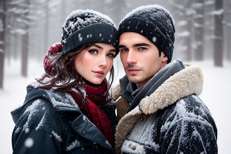 Handsome man and his lovely woman pose on the snow and play with snow in a  magic winter forest Stock Photo - Alamy