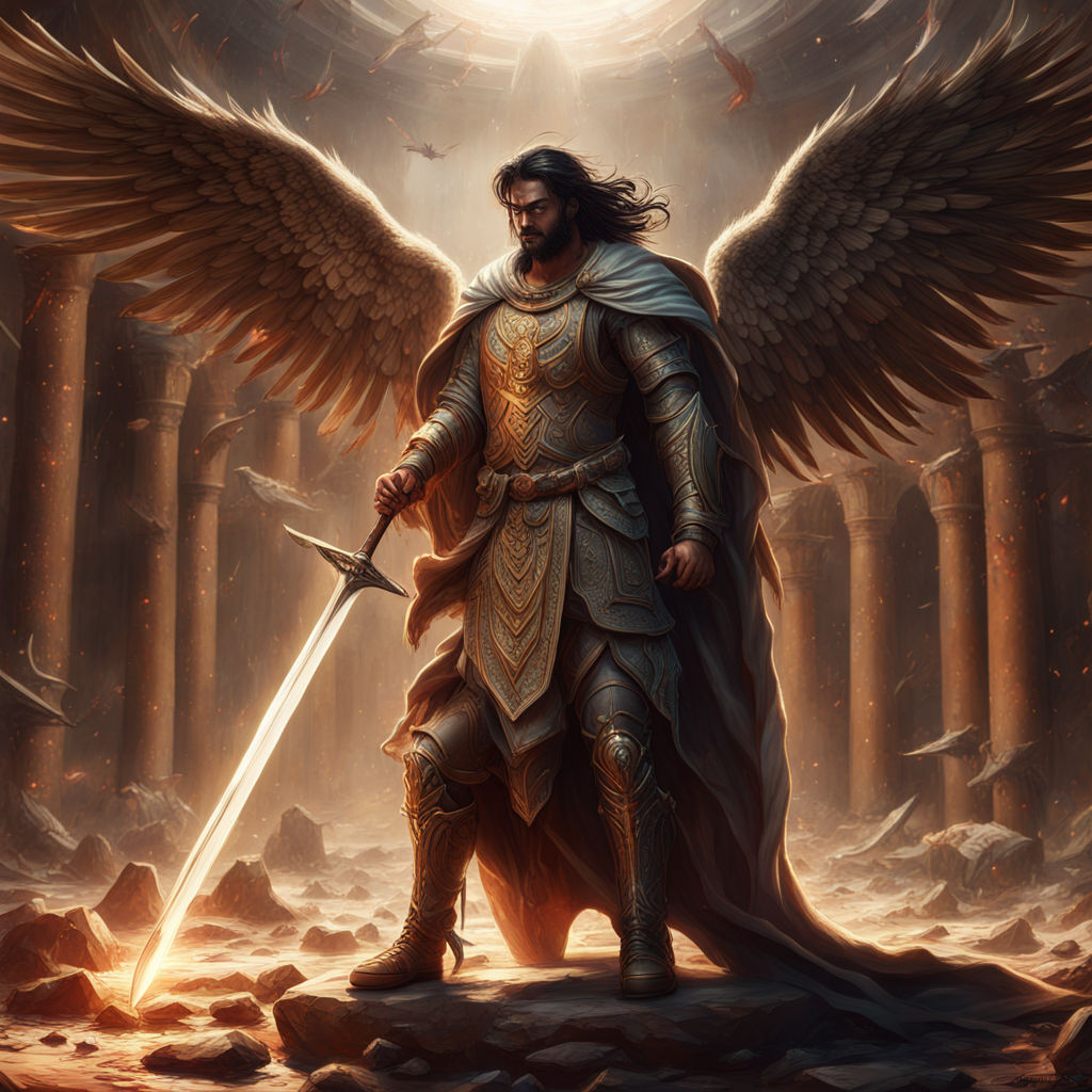 Hooded figure in black robe standing with sword. Glowing Angel