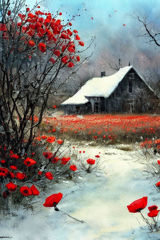 Poppies Row Watercolor Painting