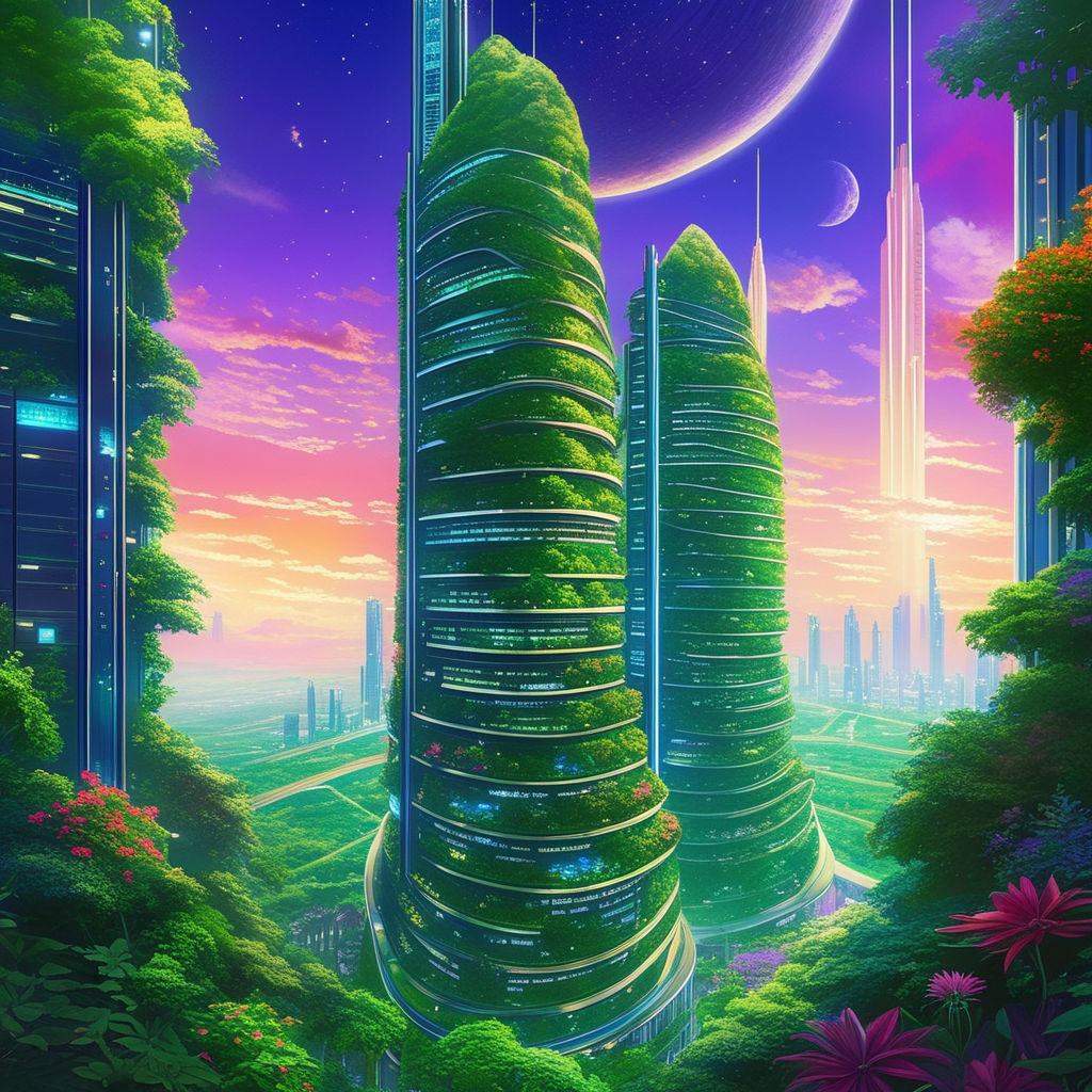 Painting of solarpunk city, futuristic, lush vegetation, ambient 