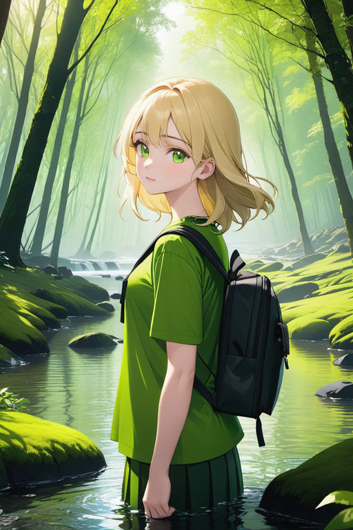 Cute anime girl in black hoodie and green eyes Vector Image