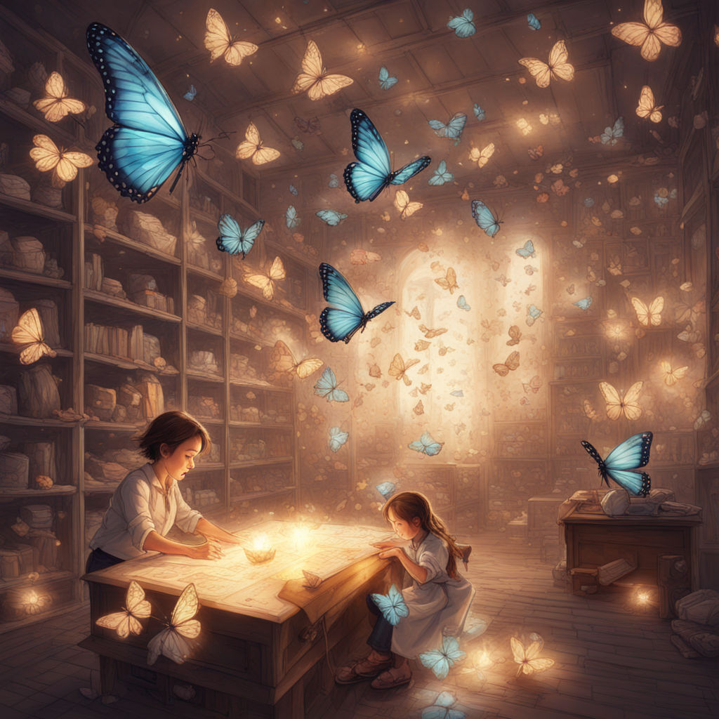 Open magic book with growing lights, magic powder, butterflies