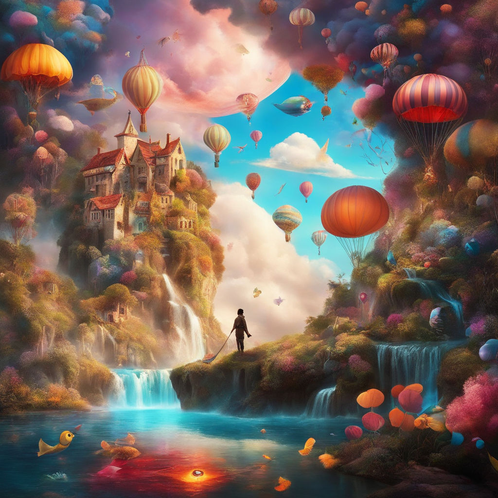 The surreal dreamscape of an LSD-induced dream. The world is filled with  vibrant colors and magical entities - Playground