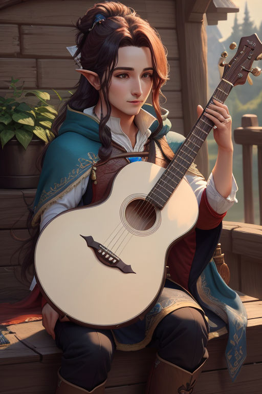 bard playing a lute in fantasy tavern