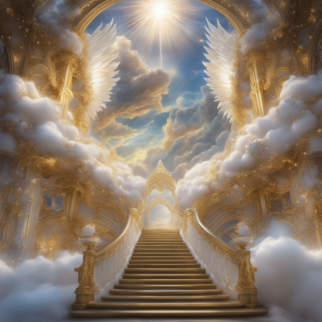 Image of a stairway to heaven with angels and a cross