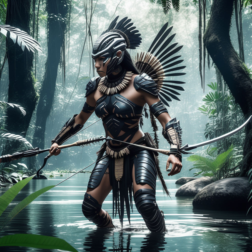 a female tribal warrior in the jungle, african. By