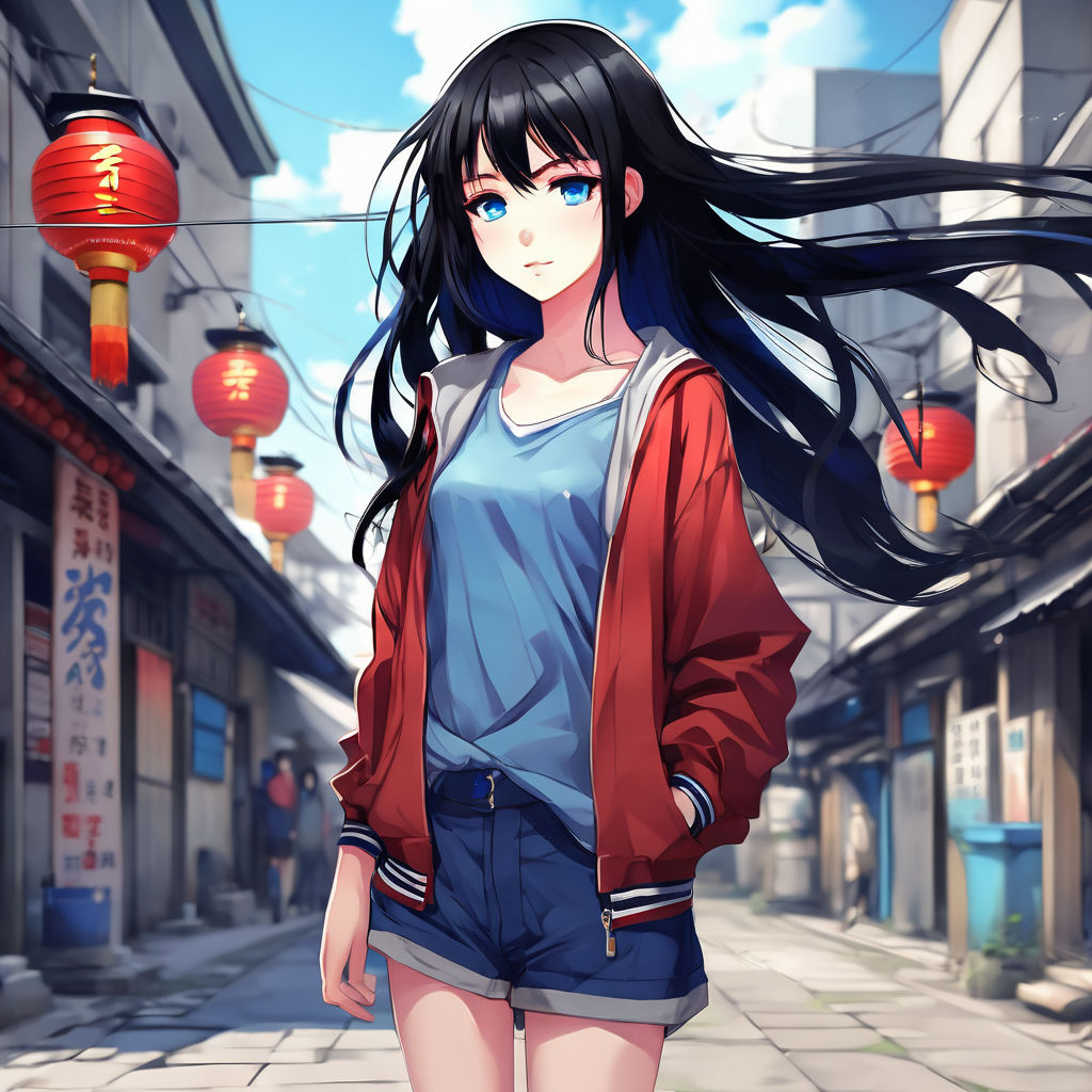 edible-pig164: pretty anime style girl, black hair, blue eyes, city them  background, casual female clothing, digital painting